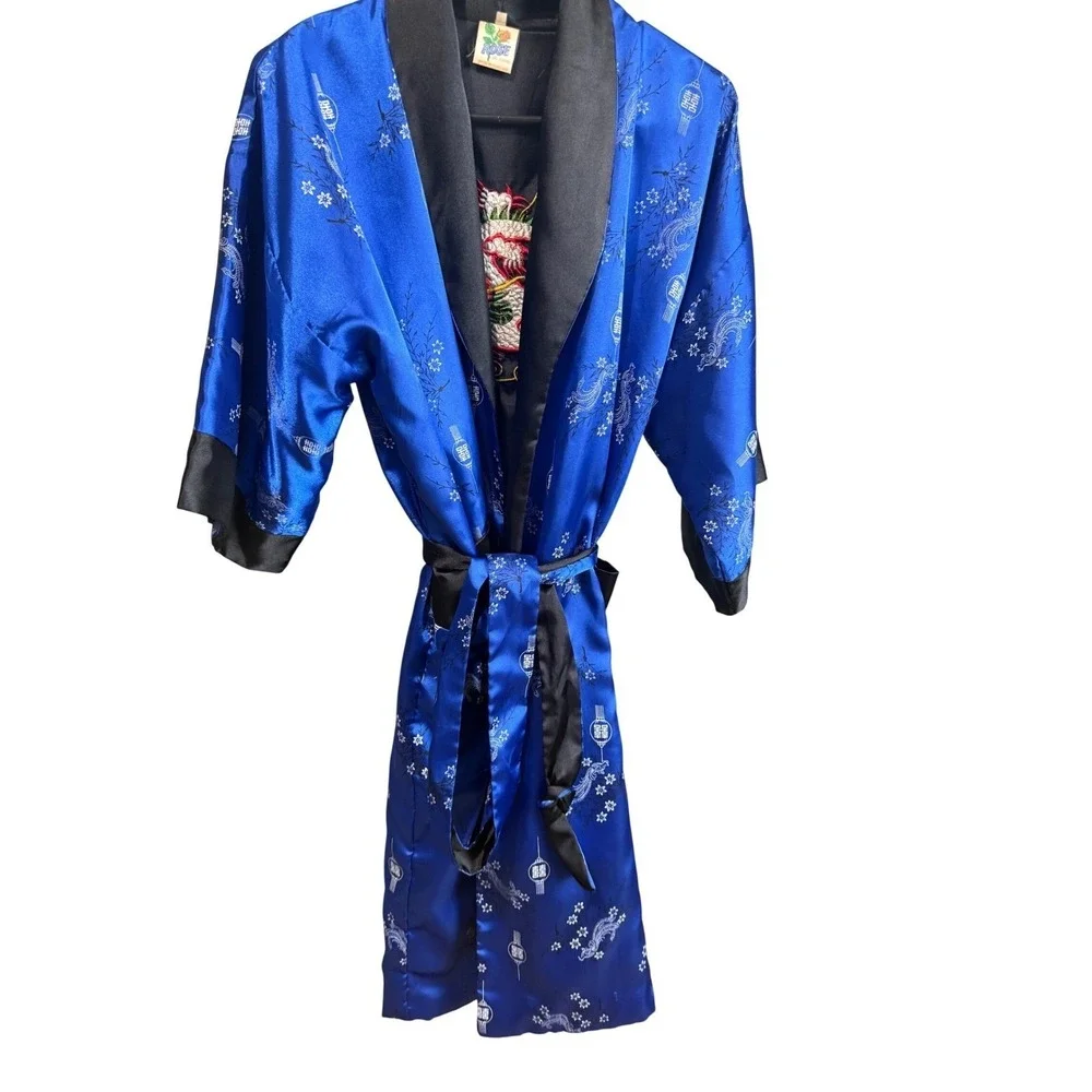 Rose Just For You Reversible Kimono Robe‎ Blue Black Dragon Embroidered Satin M